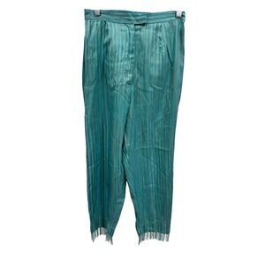 Silks by ISC Women Teal Blue Striped 100% Silk Beaded Fringe Pants Small